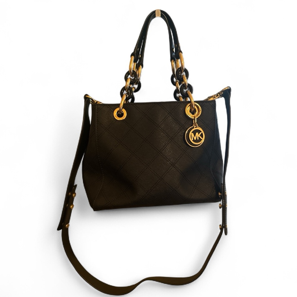 Michael Kors Quilted Black Tote, shoulder strap, center compartment